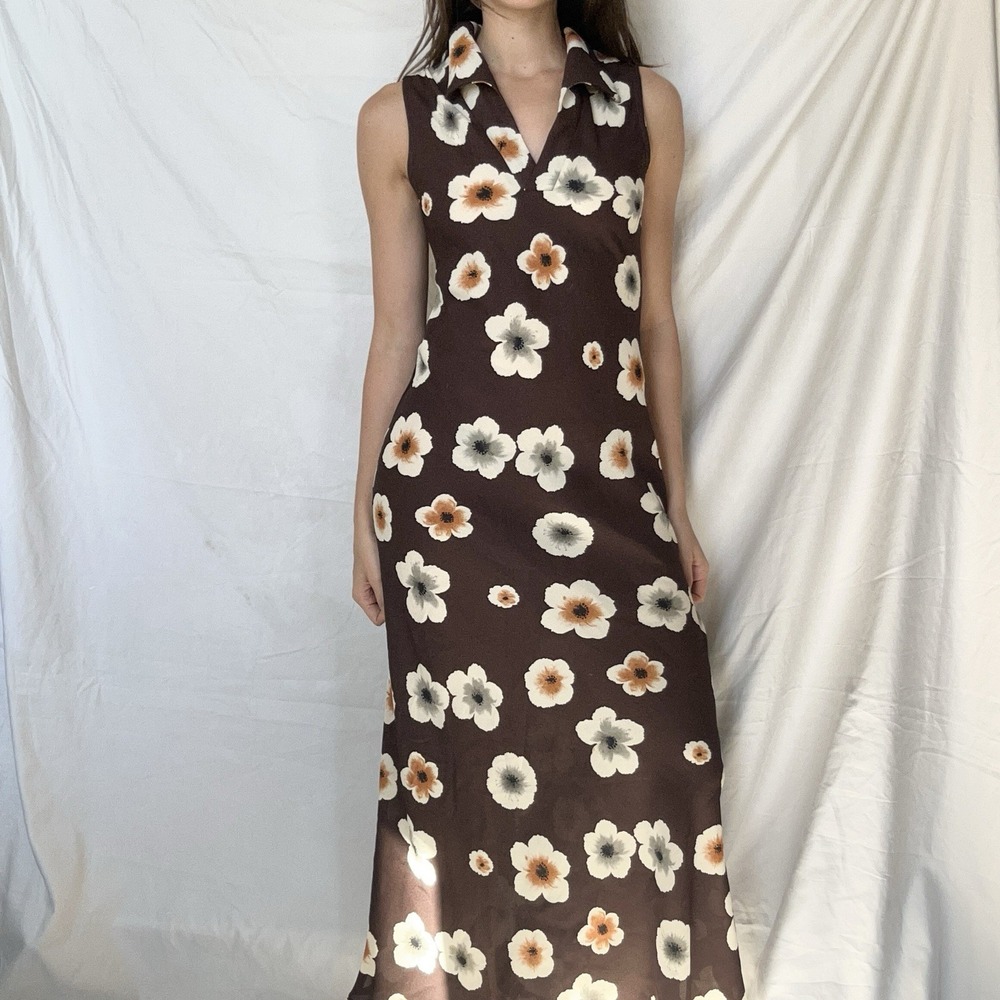 Vintage Brown Floral Collared Maxi Dress Whimsy Ditsy Cottagecore 70s Farm